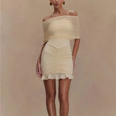 Hazel - Beige Mesh Off Shoulder Ruffled Dress